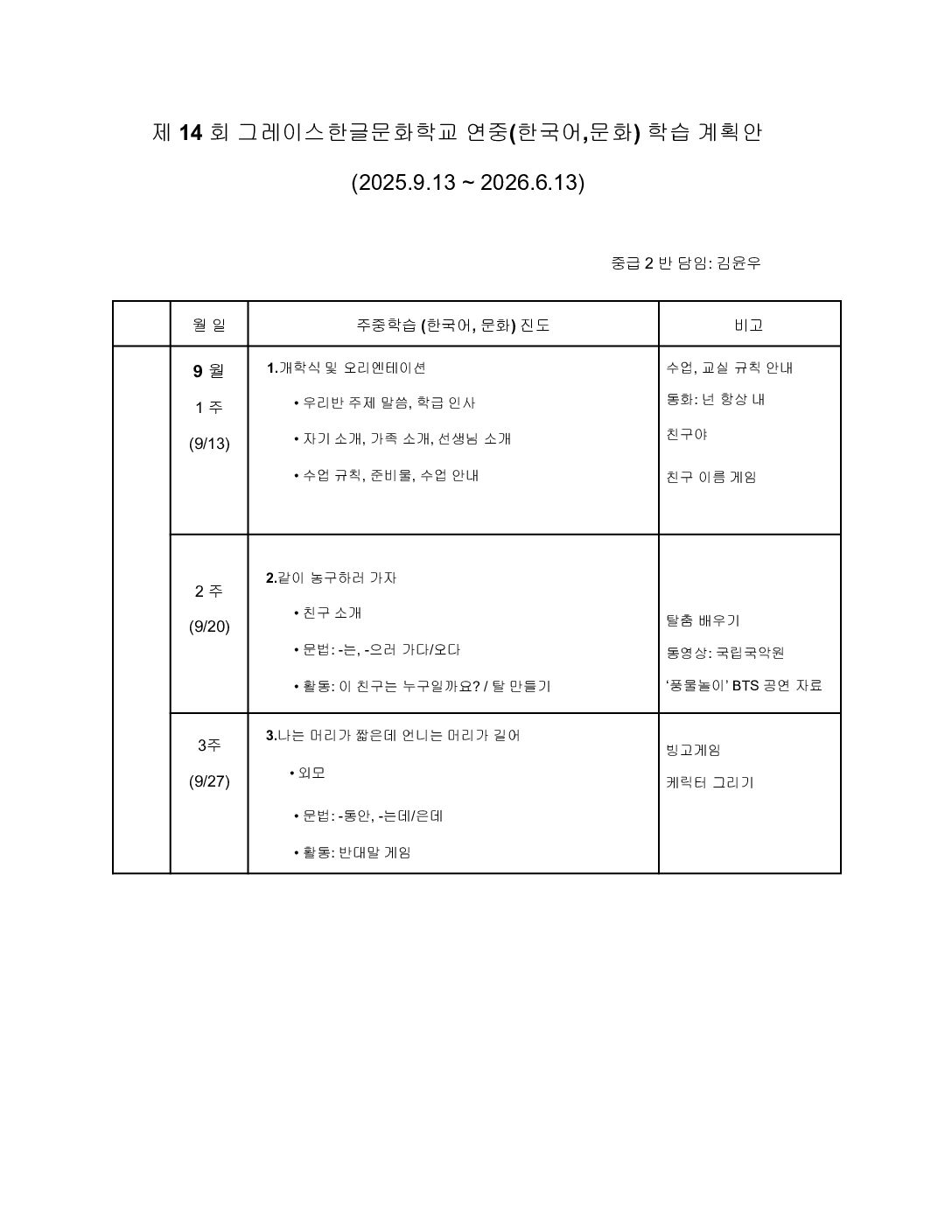 제14회 연중학습계획안_김윤우_중급2반 2-1